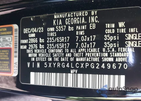 2023 Kia Sorento Lx z USA, uszkodzony, nr VIN 5XYRG4LCXPG249670